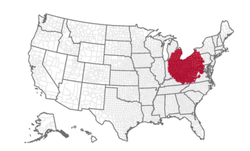 A map of the united states with a red region highlighted.