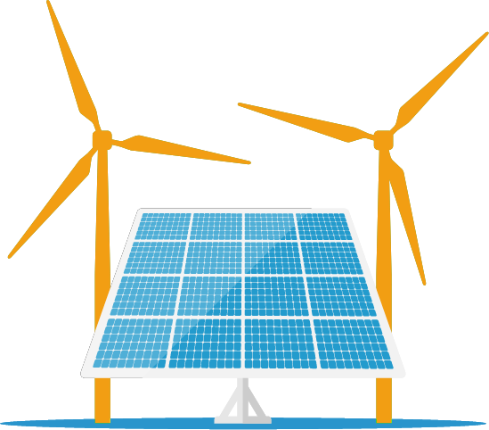 A solar panel and wind turbines are shown.